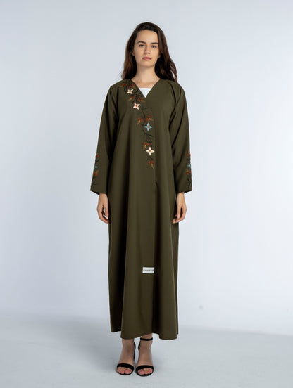 Green Overlap Abaya with Elegant and Detailed Multicolor Floral Embroidery on the Front Flap and Sleeves