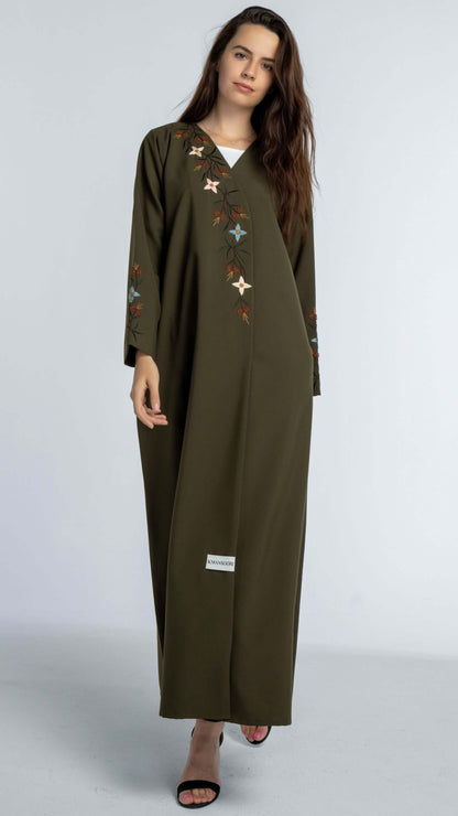 Green Overlap Abaya with Elegant and Detailed Multicolor Floral Embroidery on the Front Flap and Sleeves