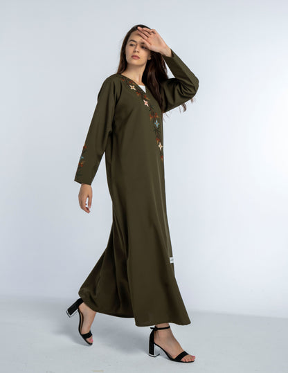 Green Overlap Abaya with Elegant and Detailed Multicolor Floral Embroidery on the Front Flap and Sleeves