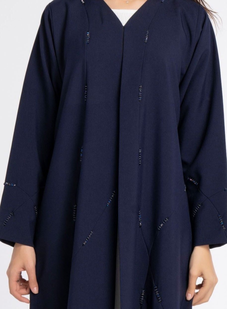 Dark Blue Colored V-Neck Abaya with Geometric Patterned Beaded Embellishments