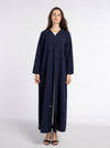 Dark Blue Colored V-Neck Abaya with Geometric Patterned Beaded Embellishments