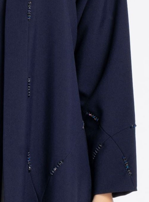 Dark Blue Colored V-Neck Abaya with Geometric Patterned Beaded Embellishments