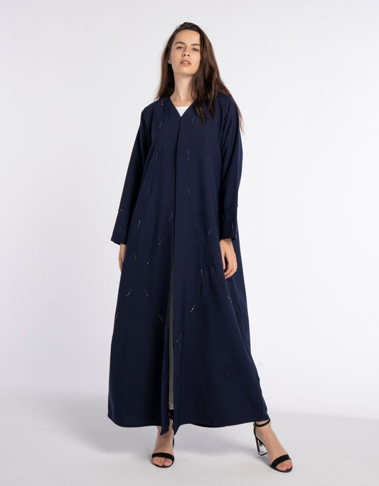 Dark Blue Colored V-Neck Abaya with Geometric Patterned Beaded Embellishments