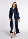 Dark Blue Colored V-Neck Abaya with Geometric Patterned Beaded Embellishments