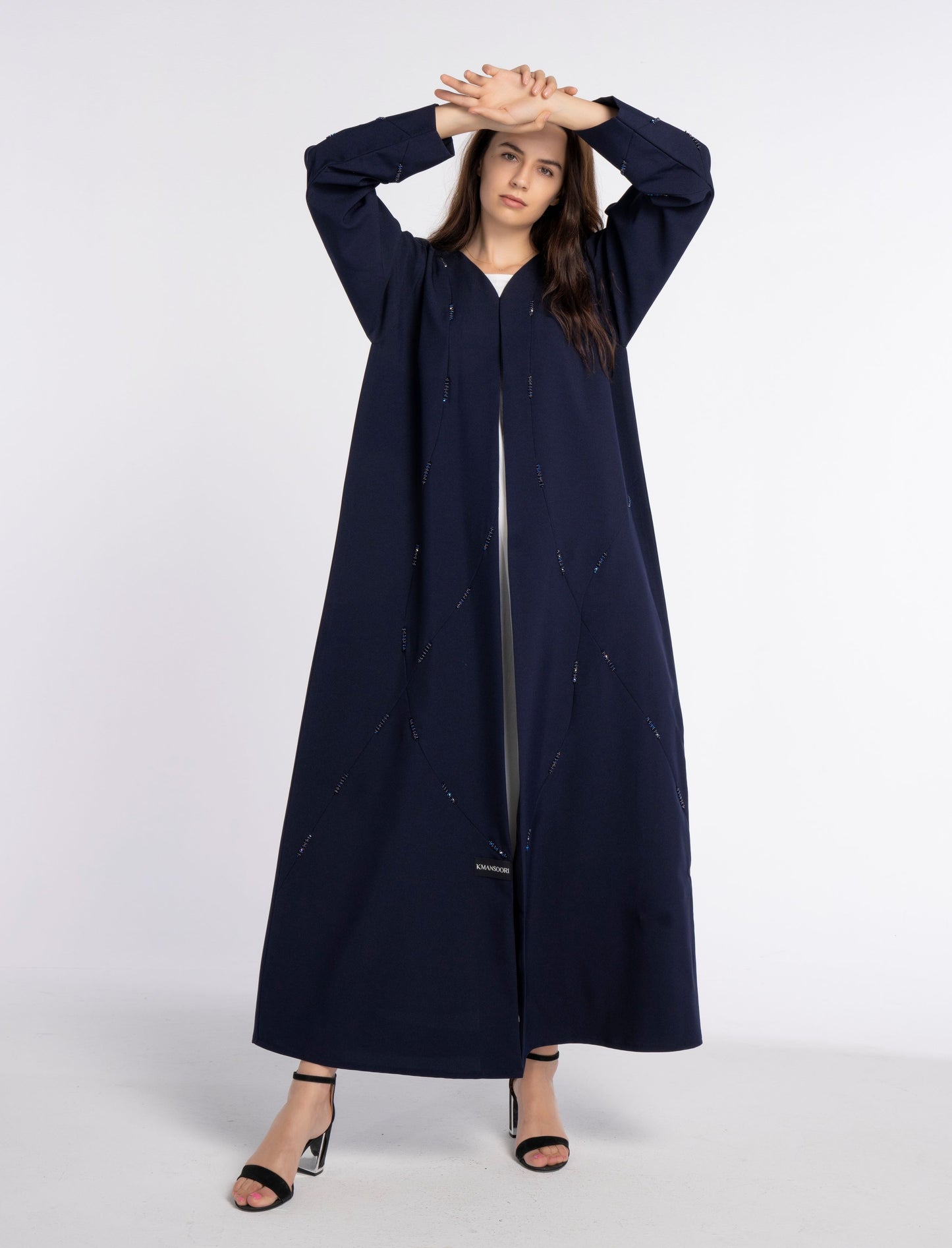 Dark Blue Colored V-Neck Abaya with Geometric Patterned Beaded Embellishments