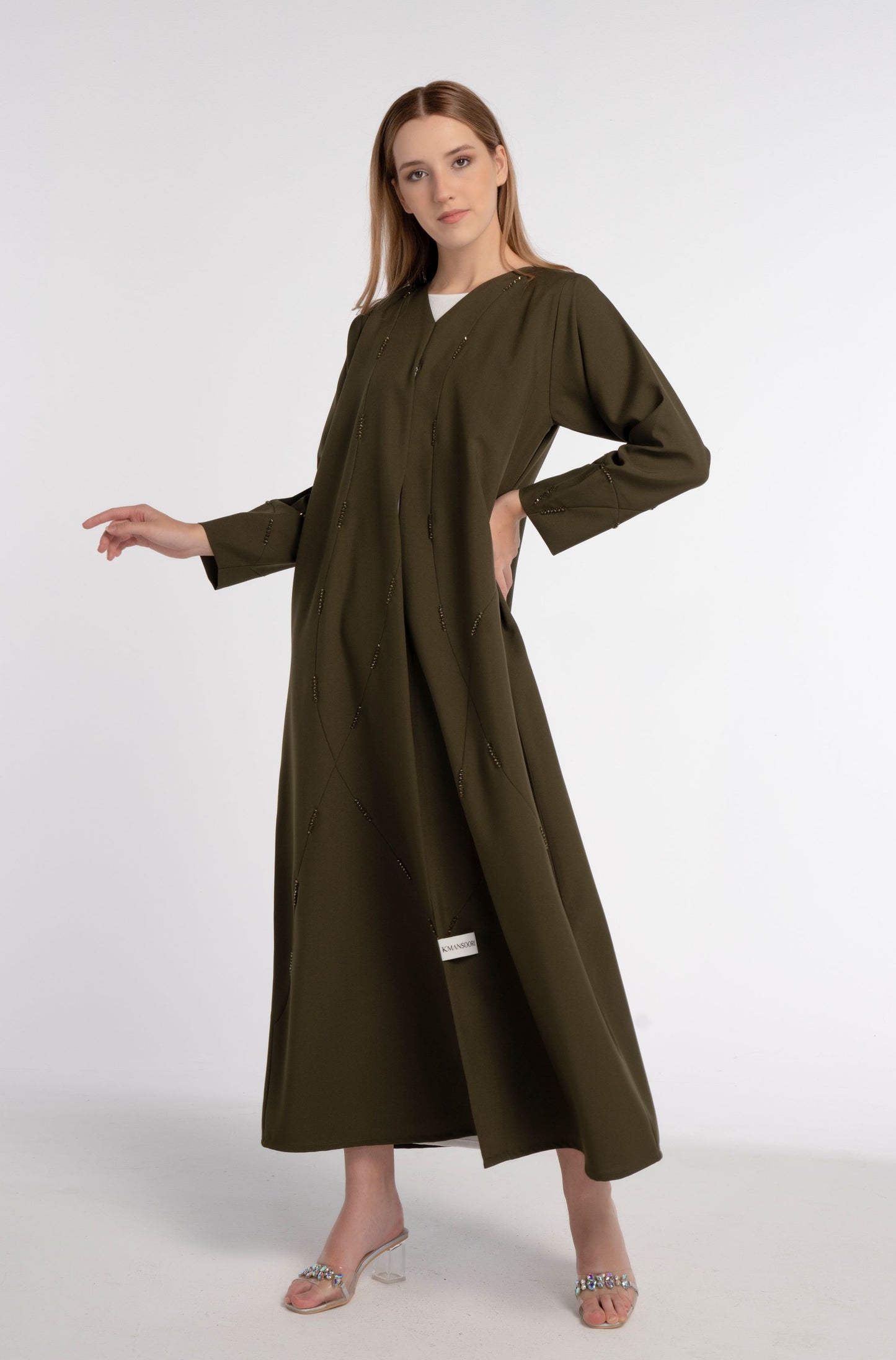 Green Colored V-Neck Abaya with Geometric Patterned Beaded Embellishments