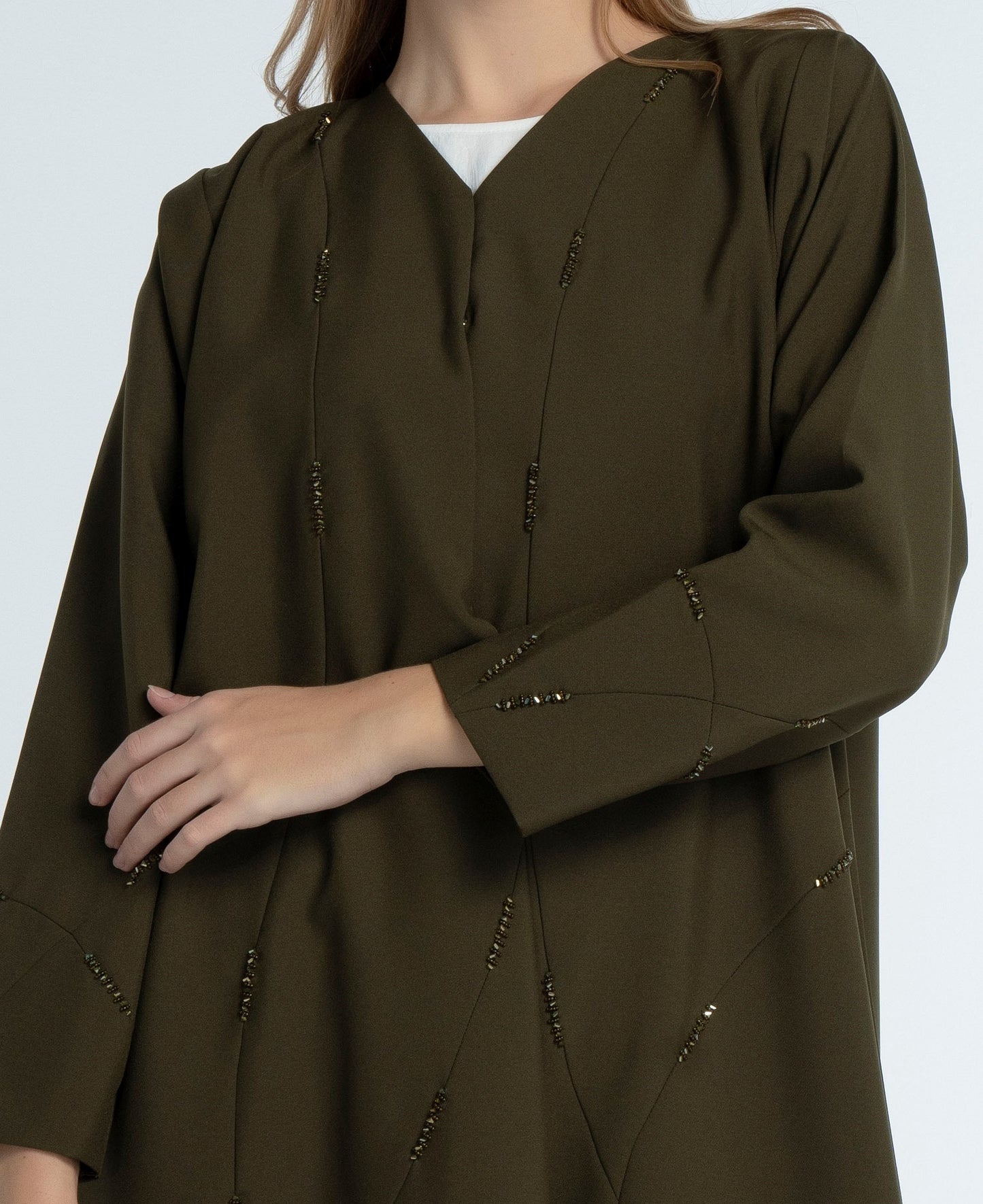 Green Colored V-Neck Abaya with Geometric Patterned Beaded Embellishments