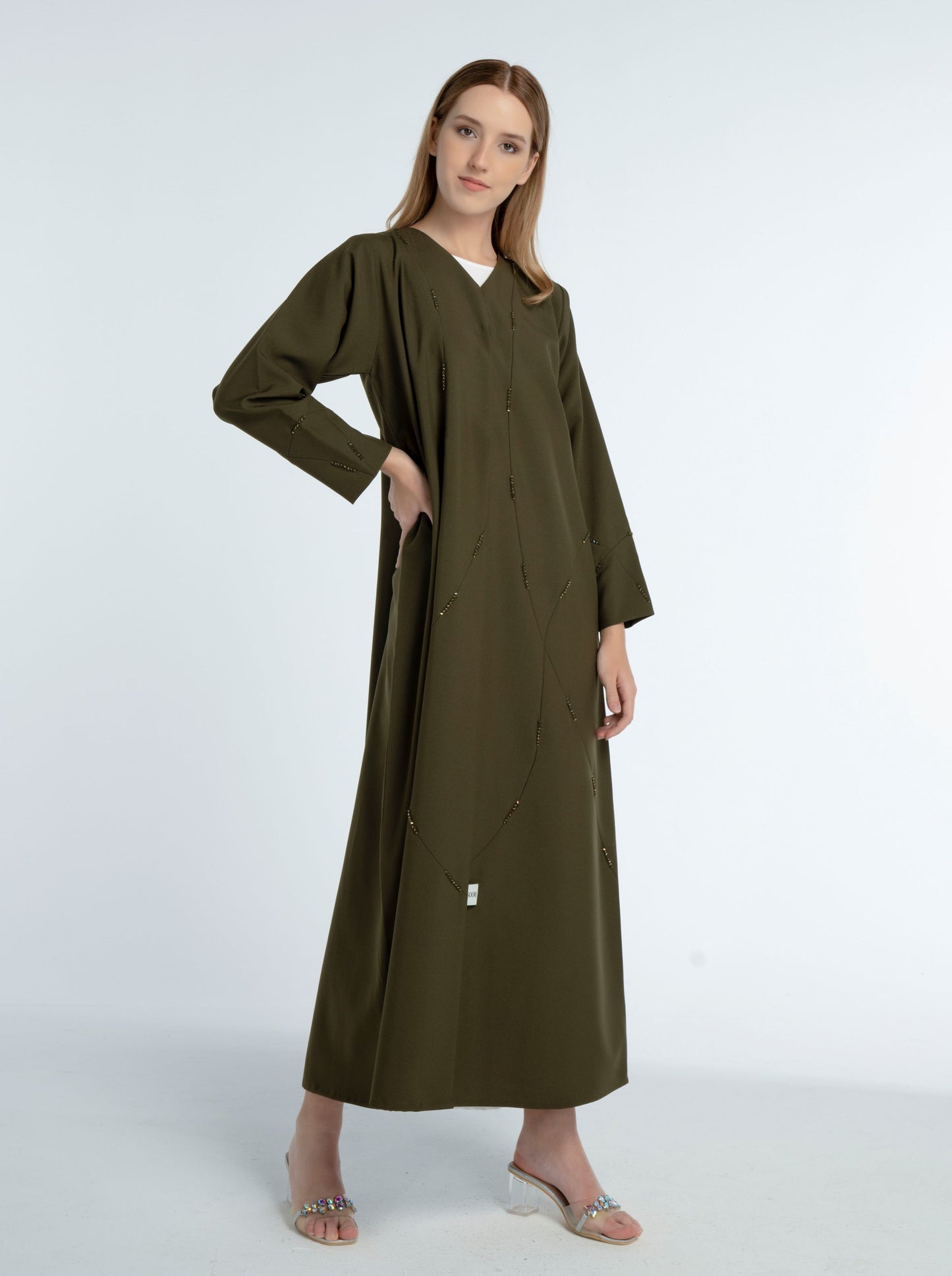 Green Colored V-Neck Abaya with Geometric Patterned Beaded Embellishments