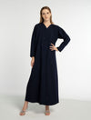 Dark Blue Colored V-Neck Abaya with Elegant Line-Patterned Beaded Embellishments