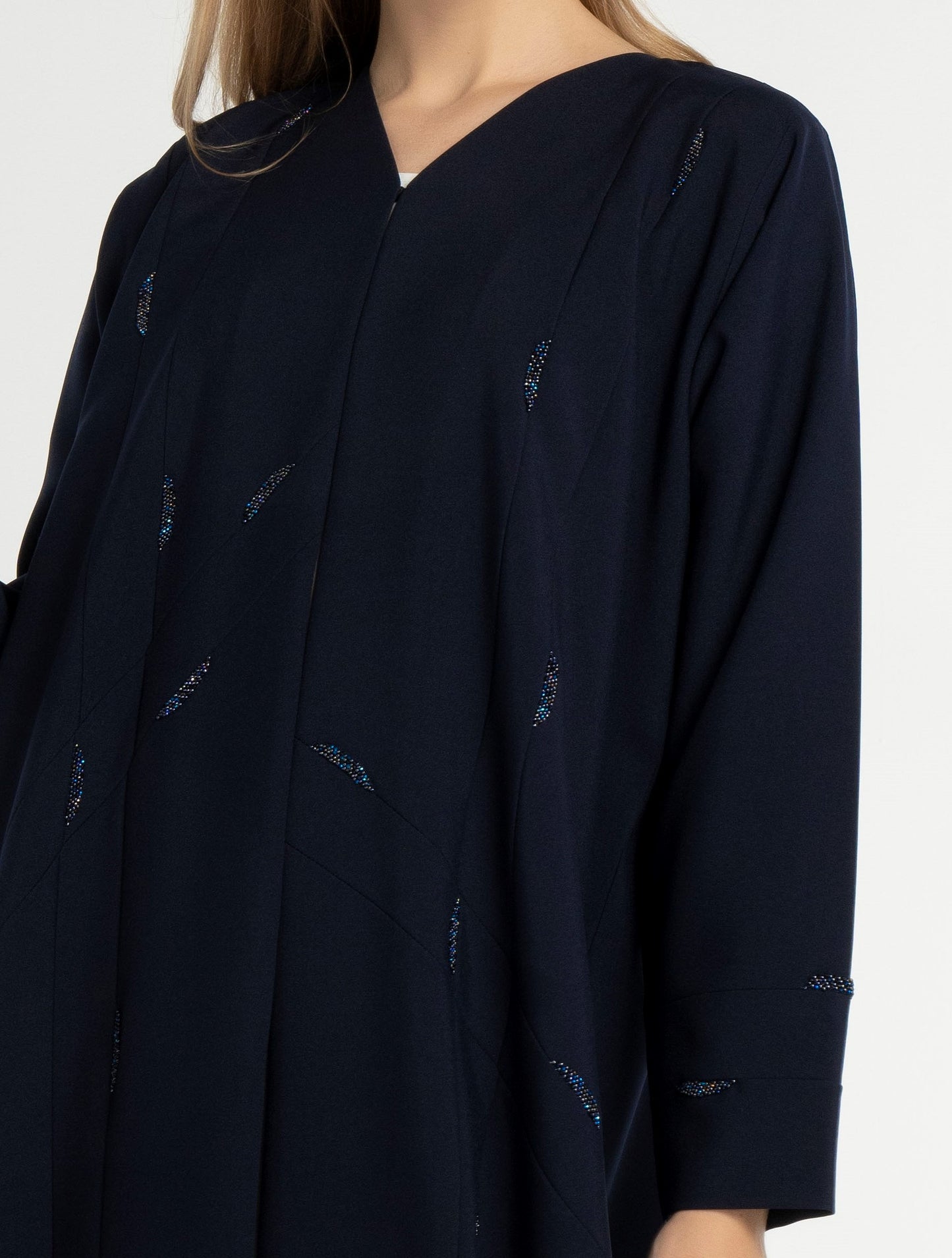 Dark Blue Colored V-Neck Abaya with Elegant Line-Patterned Beaded Embellishments