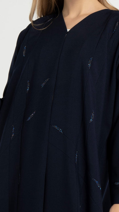 Dark Blue Colored V-Neck Abaya with Elegant Line-Patterned Beaded Embellishments