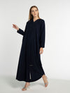 Dark Blue Colored V-Neck Abaya with Elegant Line-Patterned Beaded Embellishments