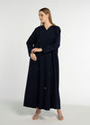 Dark Blue Colored V-Neck Abaya with Elegant Line-Patterned Beaded Embellishments