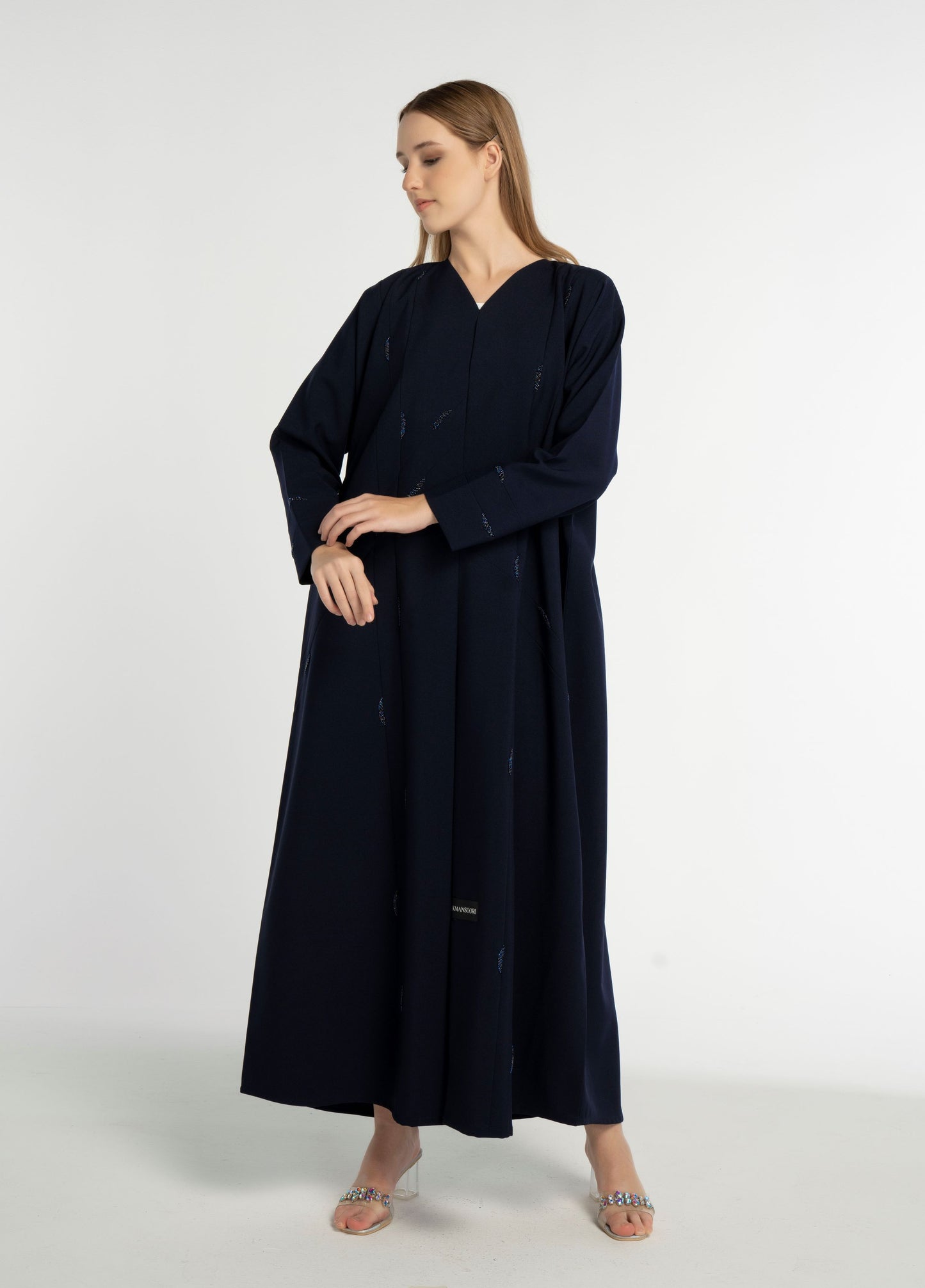 Dark Blue Colored V-Neck Abaya with Elegant Line-Patterned Beaded Embellishments