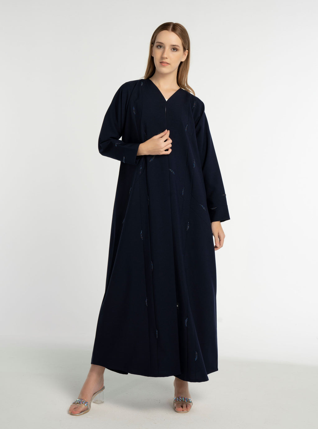 Dark Blue Colored V-Neck Abaya with Elegant Line-Patterned Beaded Embellishments