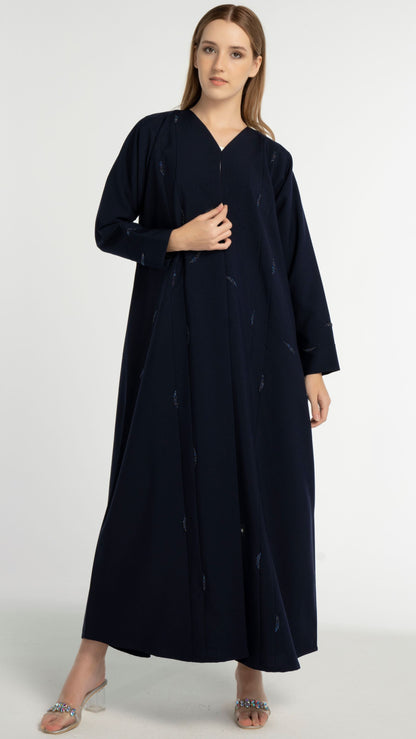 Dark Blue Colored V-Neck Abaya with Elegant Line-Patterned Beaded Embellishments