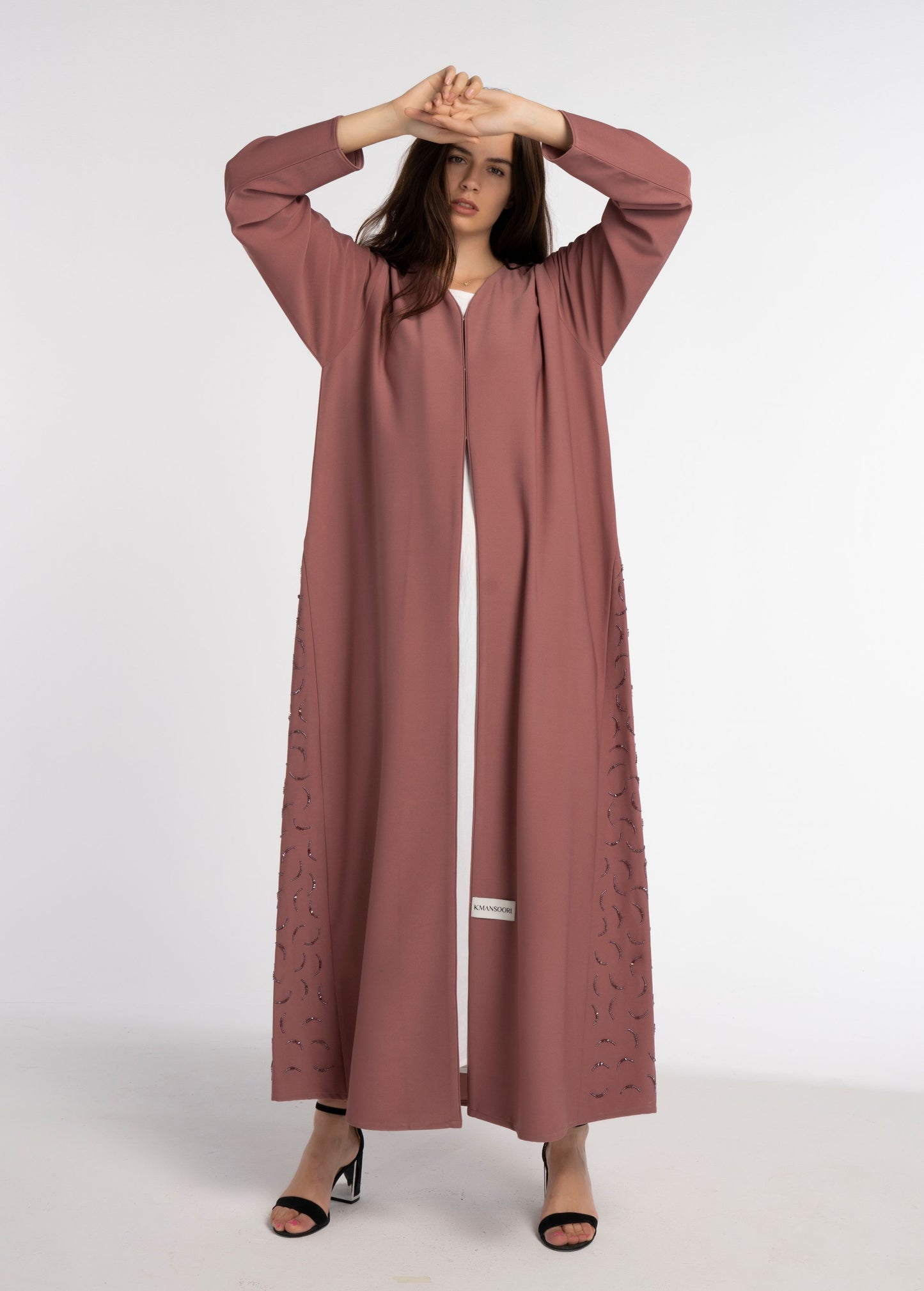 Pink V-Neck Abaya with Curve-Shaped Tiny Embellishments on Sides