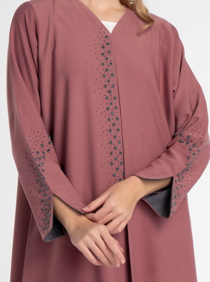 Pink Colored Abaya with Grey Floral Thread and Bead Detailing on Front and Sleeves, Slightly Open