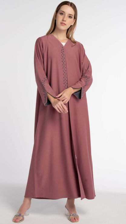 Pink Colored Abaya with Grey Floral Thread and Bead Detailing on Front and Sleeves, Slightly Open