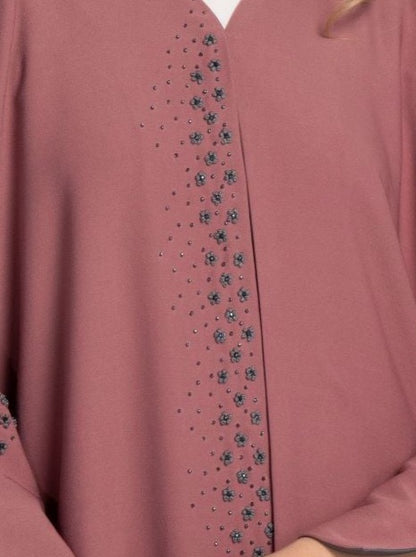 Pink Colored Abaya with Grey Floral Thread and Bead Detailing on Front and Sleeves, Slightly Open