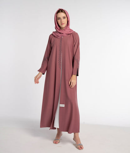 Pink Colored Abaya with Grey Floral Thread and Bead Detailing on Front and Sleeves, Slightly Open