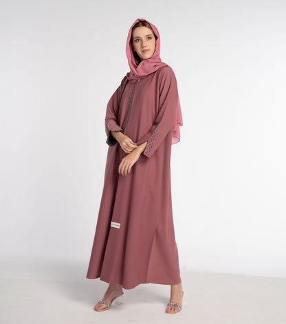 Pink Colored Abaya with Grey Floral Thread and Bead Detailing on Front and Sleeves, Slightly Open