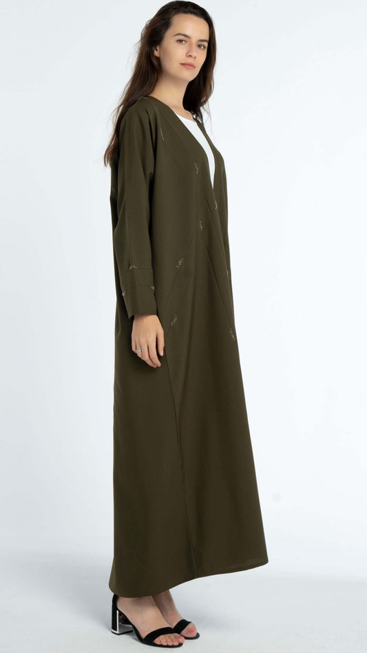Side view of green bisht abaya for women.