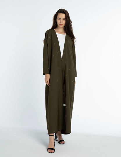 Green bisht abaya with elegant line-patterned worm bead embellishments.