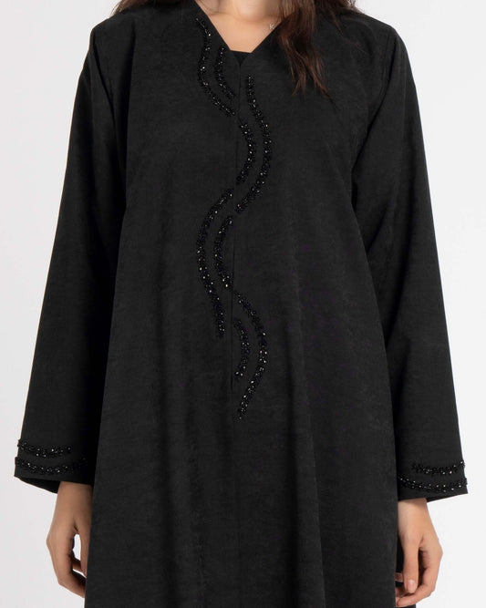Black V-Neck Abaya with Creeper-Patterned Embellishments on Front Flap and Sleeves