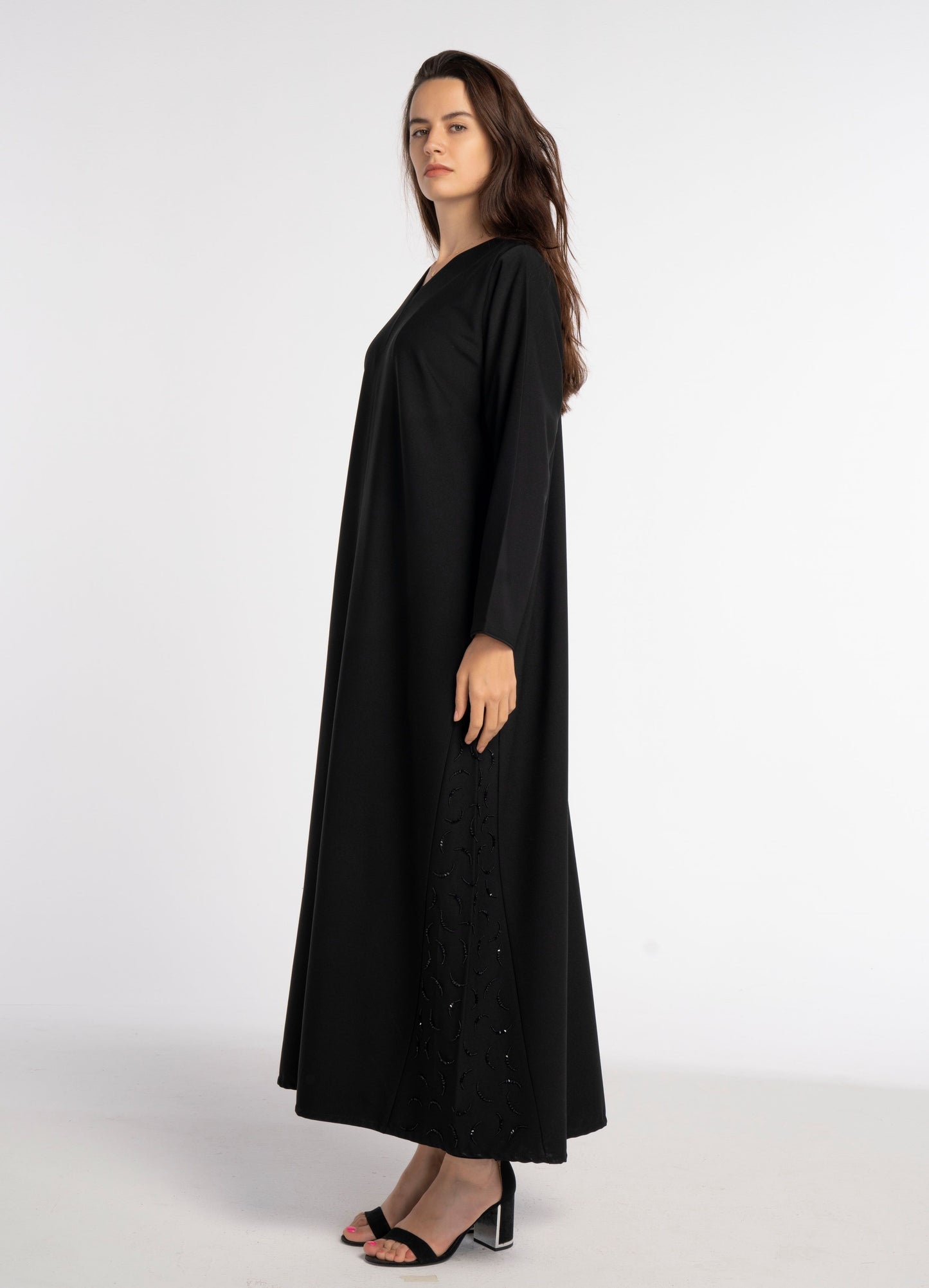 Black V-Neck Abaya with Curve-Shaped Tiny Embellishments on Sides