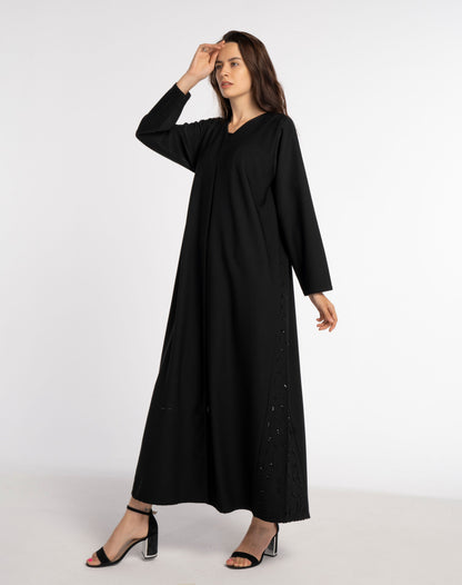 Black V-Neck Abaya with Curve-Shaped Tiny Embellishments on Sides