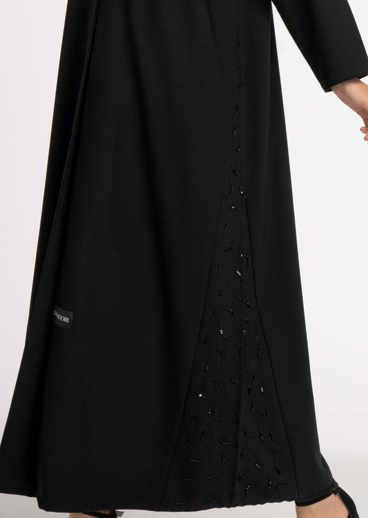 Black V-Neck Abaya with Curve-Shaped Tiny Embellishments on Sides