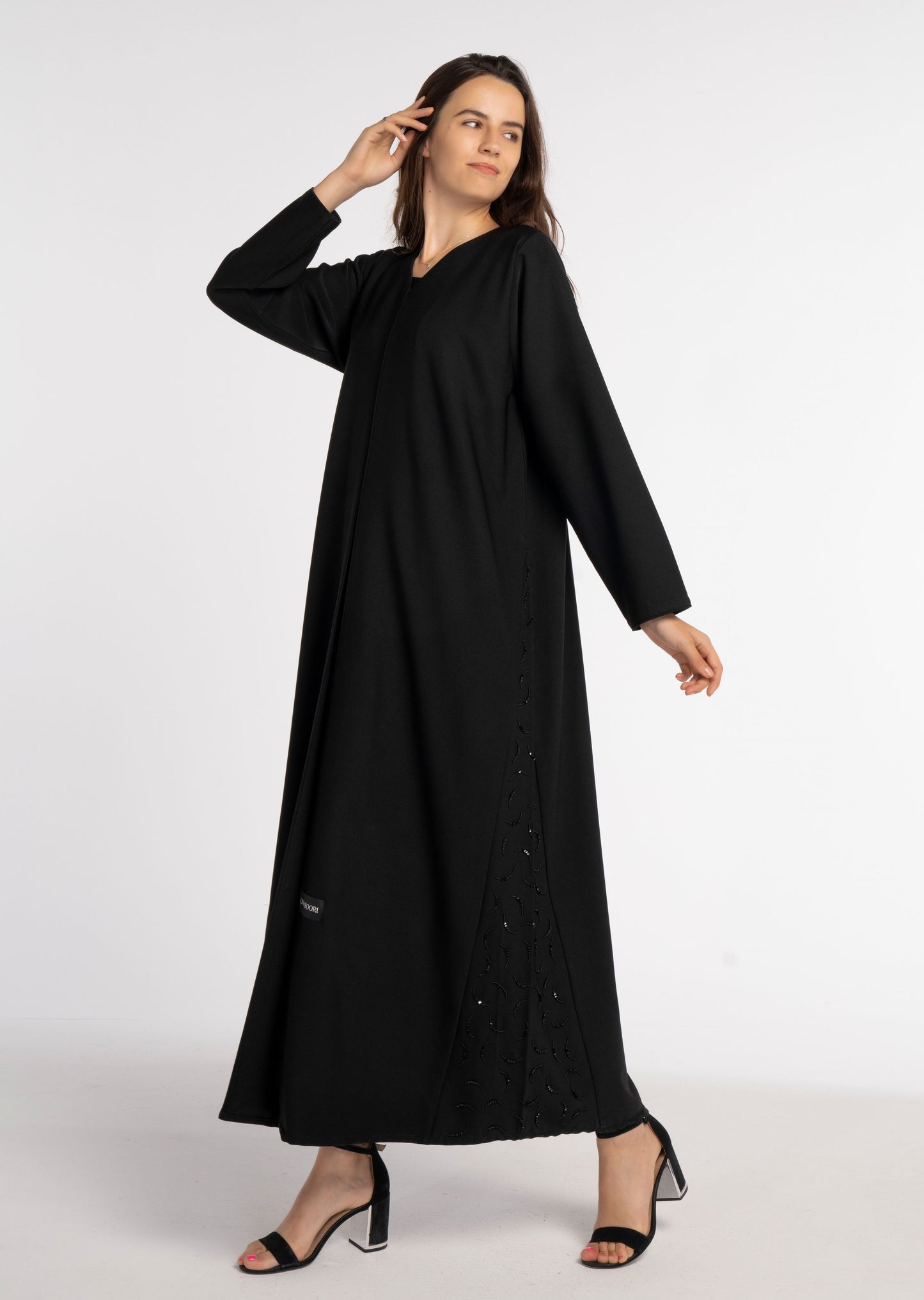 Black V-Neck Abaya with Curve-Shaped Tiny Embellishments on Sides