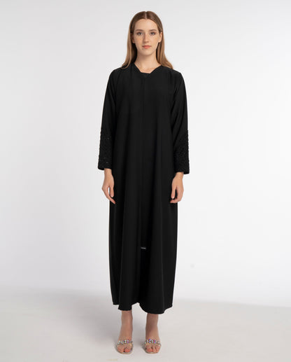 Black V-Neck Abaya with Triangular Intersecting Embellishment on Sleeves