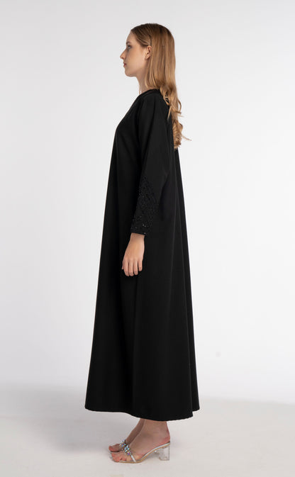 Black V-Neck Abaya with Triangular Intersecting Embellishment on Sleeves