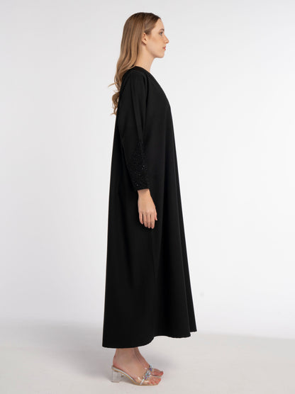 Black V-Neck Abaya with Triangular Intersecting Embellishment on Sleeves
