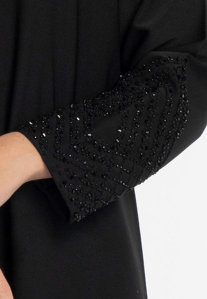 Black V-Neck Abaya with Triangular Intersecting Embellishment on Sleeves