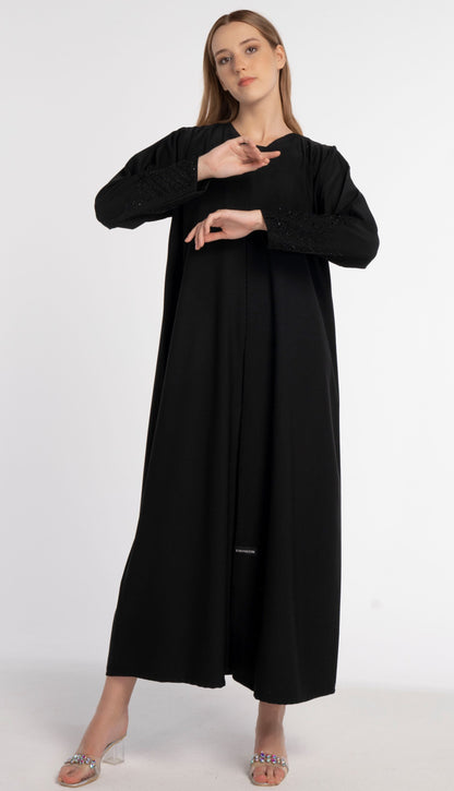 Black V-Neck Abaya with Triangular Intersecting Embellishment on Sleeves