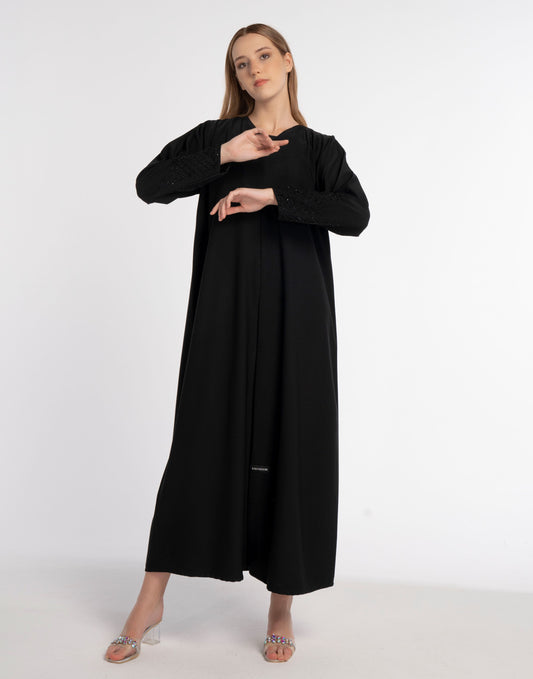 Black V-Neck Abaya with Triangular Intersecting Embellishment on Sleeves