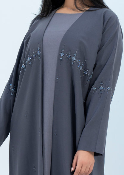 Grey Colored Bisht Abaya with Star Sparkling Embellishments on Front Line Extending to Sleeves