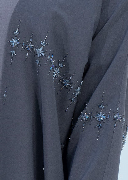 Grey Colored Bisht Abaya with Star Sparkling Embellishments on Front Line Extending to Sleeves