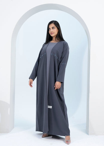 Grey Colored Bisht Abaya with Star Sparkling Embellishments on Front Line Extending to Sleeves