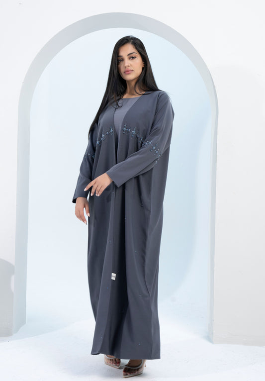 Grey Colored Bisht Abaya with Star Sparkling Embellishments on Front Line Extending to Sleeves