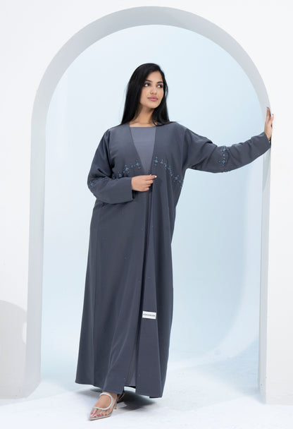 Grey Colored Bisht Abaya with Star Sparkling Embellishments on Front Line Extending to Sleeves