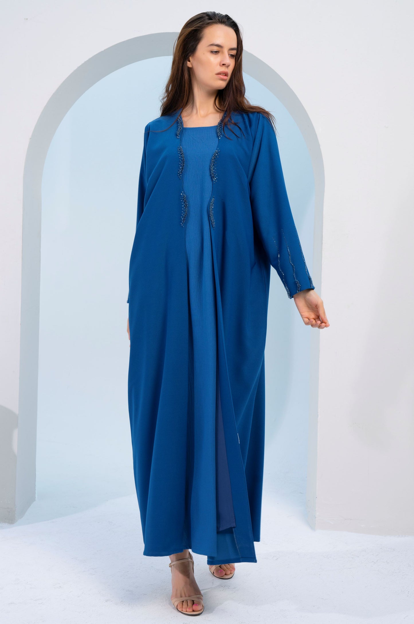 Sky Blue Bisht Abaya with Curve Cut Embellishments on Flap and Sleeves