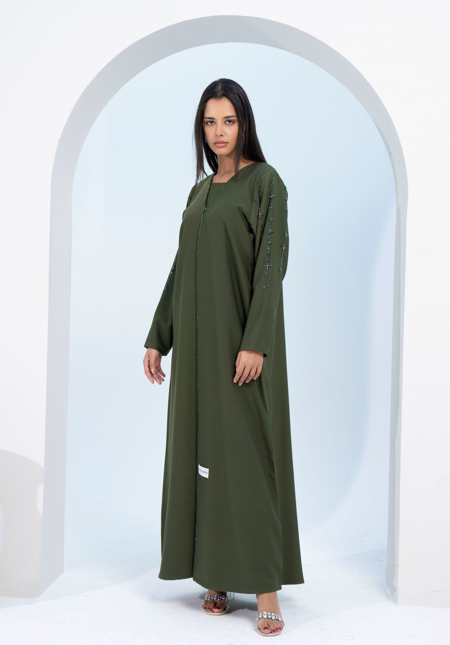 Green V-Neck Abaya with Star Line Embellishments on Sleeves and Flap