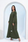 Green V-Neck Abaya with Star Line Embellishments on Sleeves and Flap
