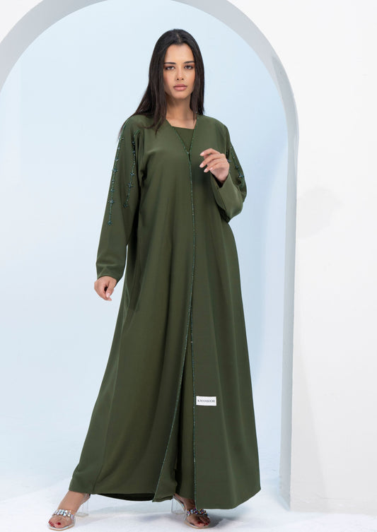 Green V-Neck Abaya with Star Line Embellishments on Sleeves and Flap