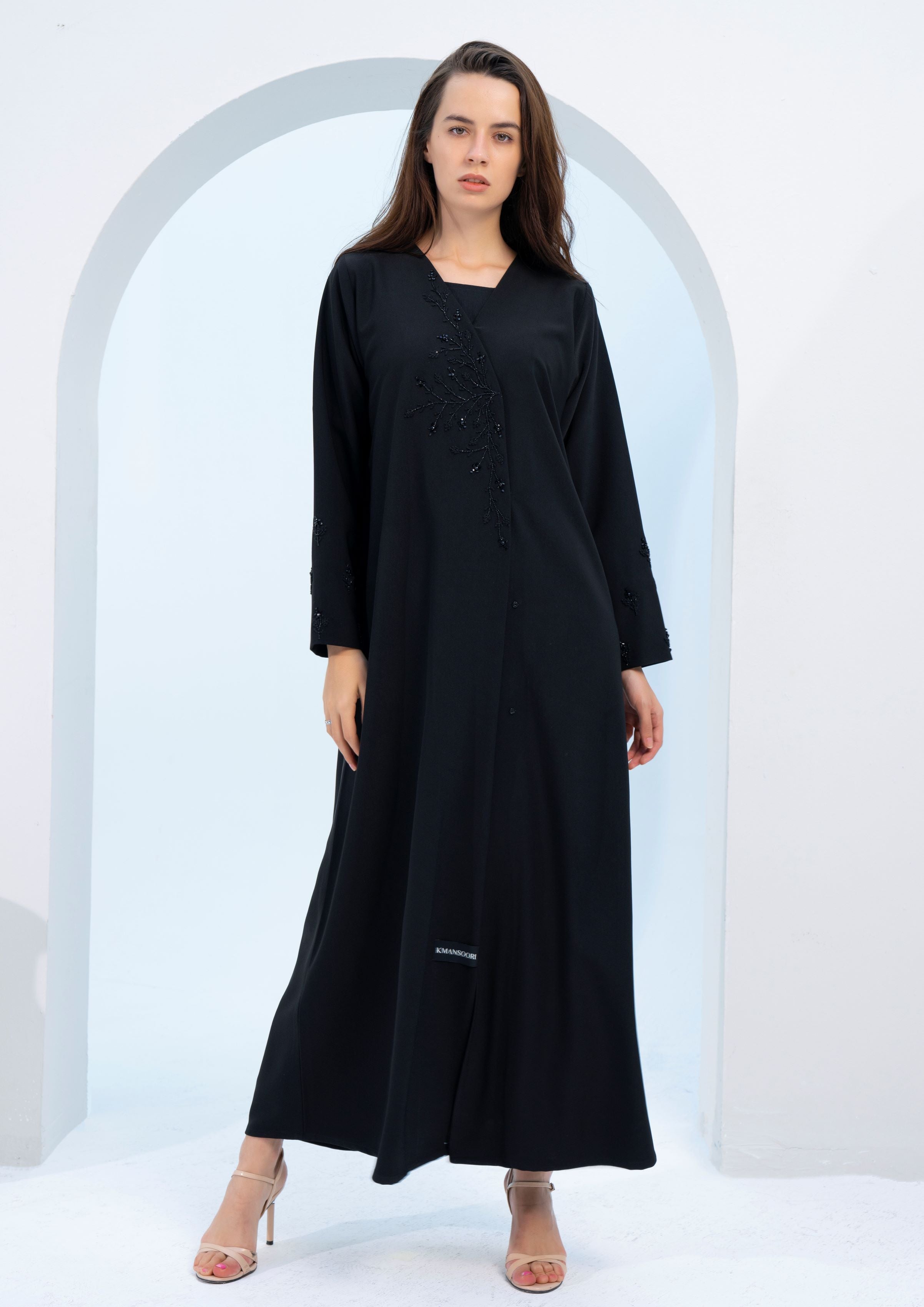 Black Overlap Abaya with Leaf-Shaped Embellishments on Top Front and S ...