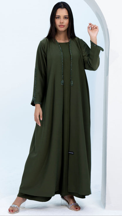 Green Colored V-Neck Abaya with Stunning Embellishments on Front Top Half and Sleeves